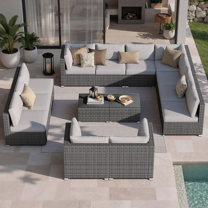 Riyonna 14-Piece Outdoor Wicker Modular Sectional Sofa Set with Tempered Glass Coffee Table and Cushions,Patio Conversation Set For Poolside,Terraces and Backyard