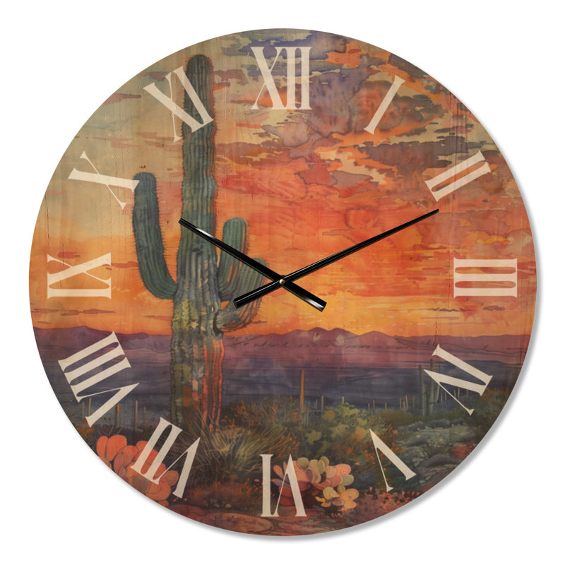 Très grande horloge murale en bois botanique - Cactus Desert Sunset II, Large