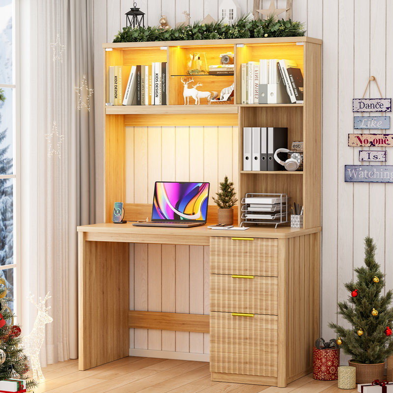 Bureau d'ordinateur moderne avec lampe de bureau coulissante et éclairage DEL intelligent, Jaune