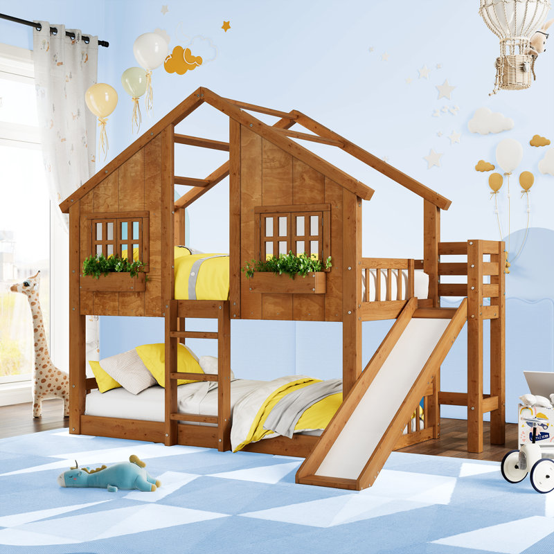 Twin Over Twin House Bunk Bed with Slide, Wooden Kids Bed Frame,Walnut, Walnut