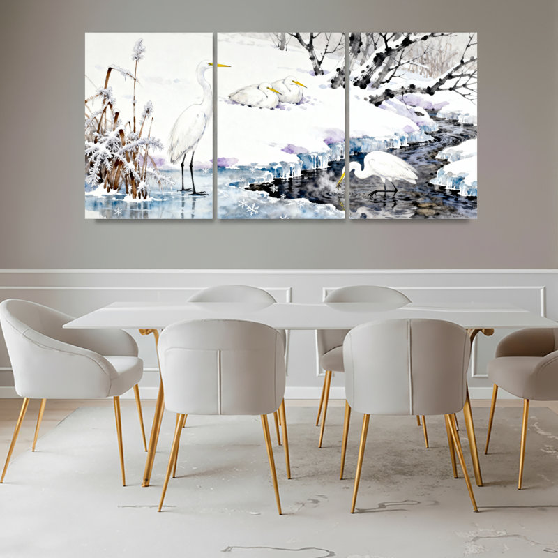 «Snowy Heron», ensemble de 3 impressions sur toile tendues à l'aquarelle, H 18 po x l 36 po