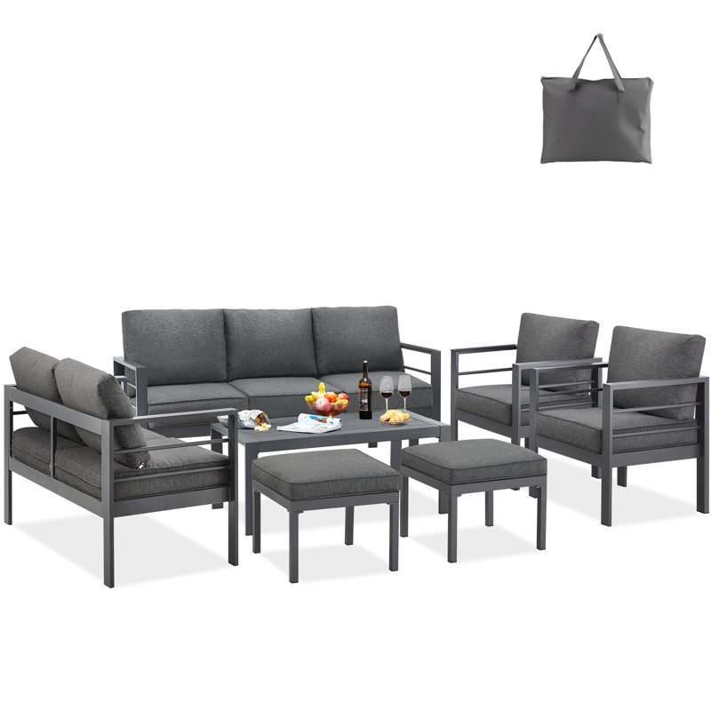 Ensemble de conversation d'extérieur 9 personnes avec coussins Raenelle, Noir