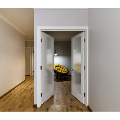 72 in. x 80 in.Bi-Parting Solid Core White Primed Composite Prehung French Door Catch Ball Frosted Glass Satin Nickel