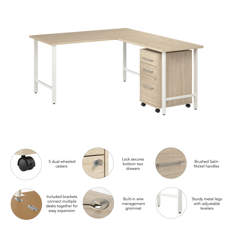 Bush Business Furniture Hustle 60W X 30D L Shaped Computer Desk With 3 Drawer Mobile File Cabinet - Reversible, Natural