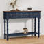 Console 42 po avec 3 tiroirs et détails botaniques sculptés à la main, table d'appoint en bois avec rangement et pieds fuselés, bleu-130121025