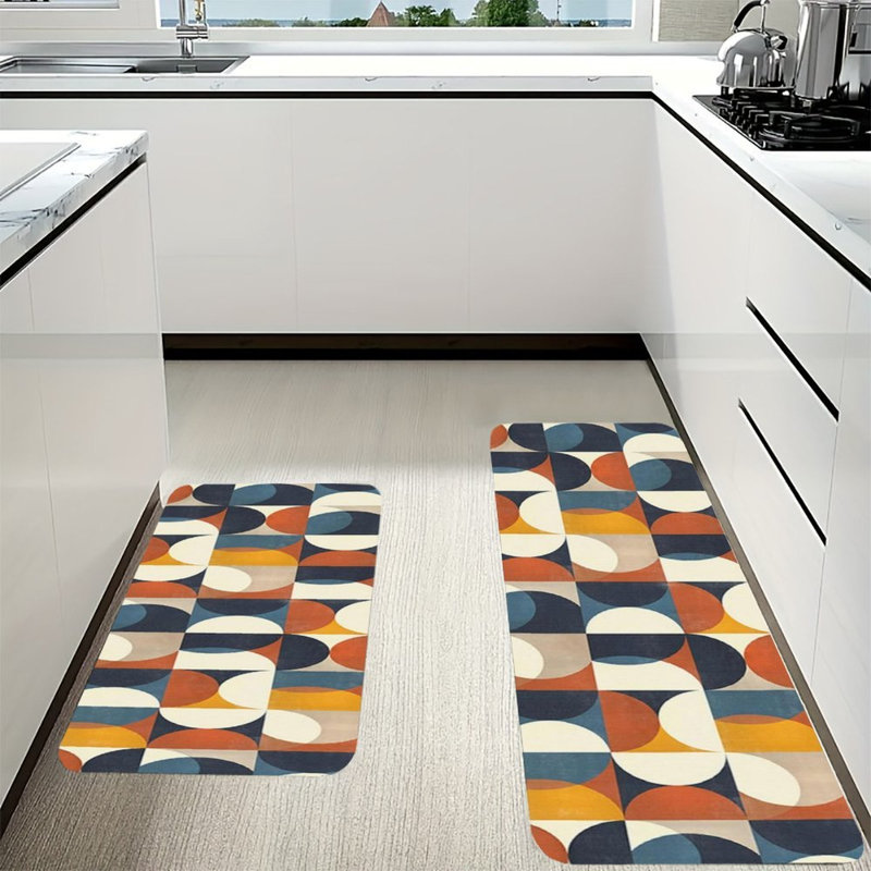 Ensemble de 2 tapis en flanelle antidérapants rétro Mid-Century géométrique pour cuisine et bureau