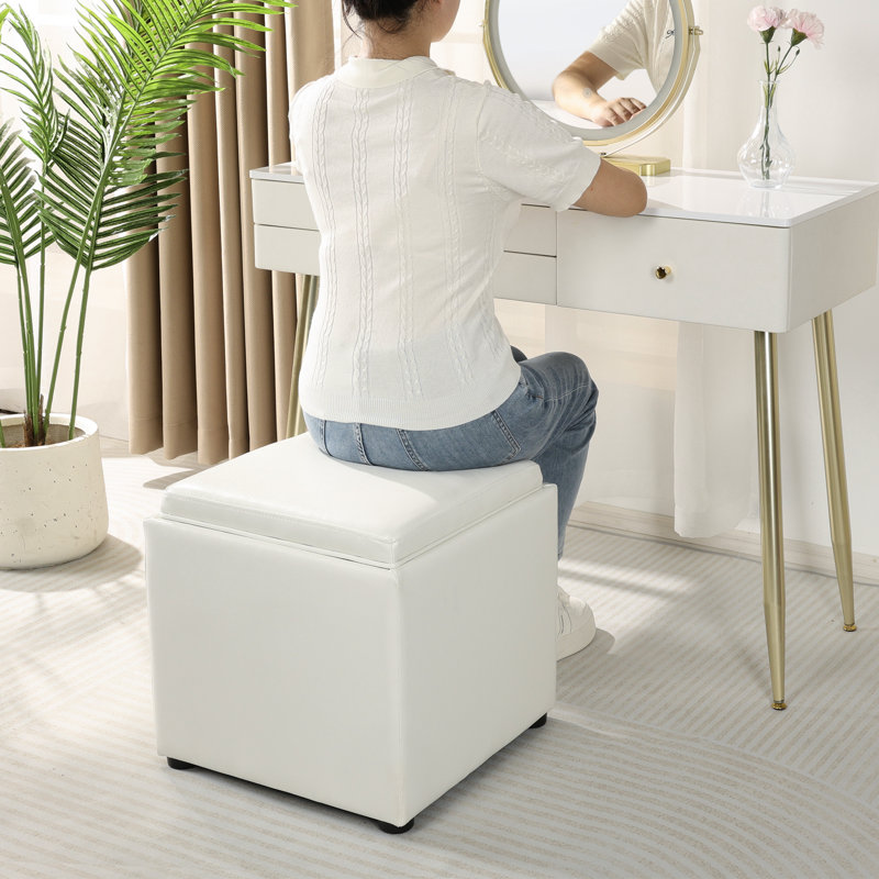 Repose-pieds de rangement en similicuir 17,7 po avec plateau réversible, Blanc