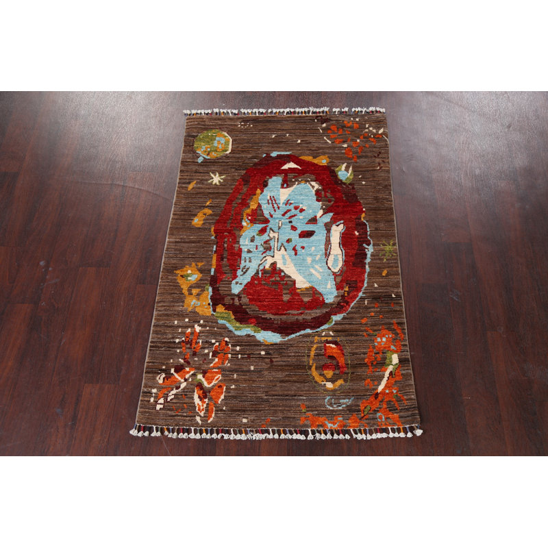 Tapis brun en laine noué à la main de conception unique 3 pi 3 po x 5 pi 0 po