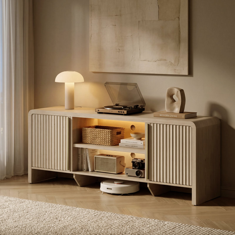 Meuble télé 62 po cannelé jusqu'à 75 po avec lumière DEL tricolore, console de télévision moderne avec tablette ouverte réglable pour le salon