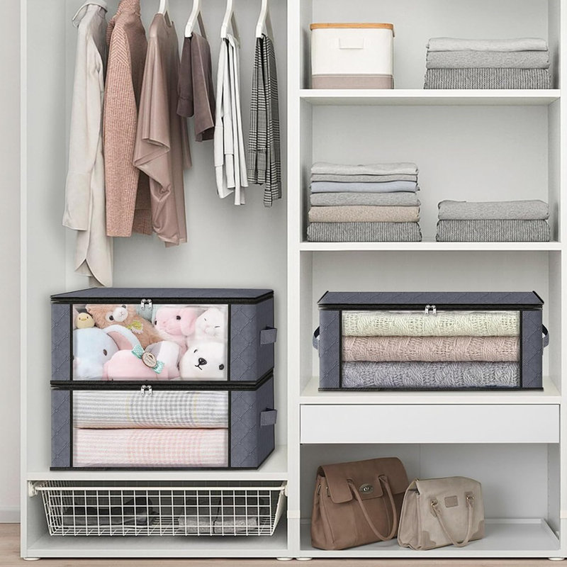 Paquet de 3 sacs de rangement pliables pour vêtements - gris - boîtes de rangement pour placard avec fenêtre transparente et poignées robustes pour les dortoirs, la literie, les oreillers, les vêtements et les couvertures