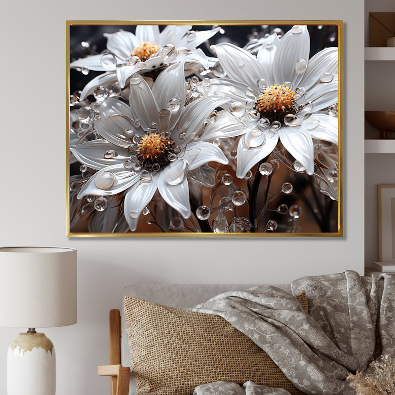 Tournesols blancs transparents à luminescence sur toile, Cadre flottant doré, H 24 po x l 32 po x P 1 po
