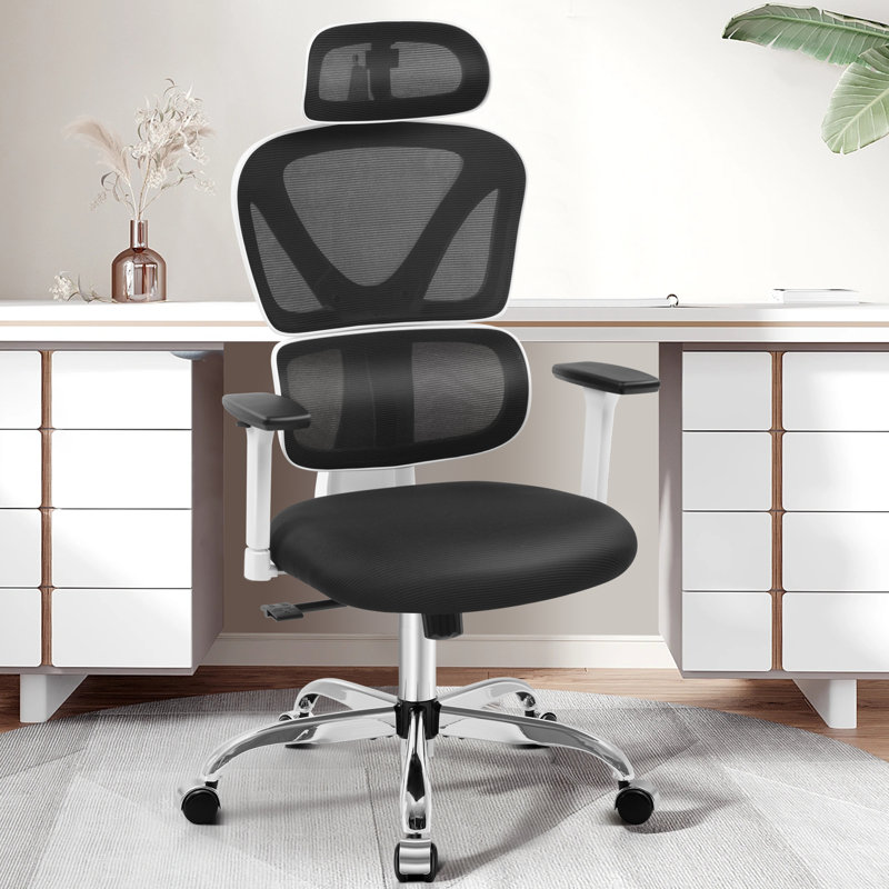 Comfy Breathable Ergonomic Task Chair With Headrest, Sliver/White