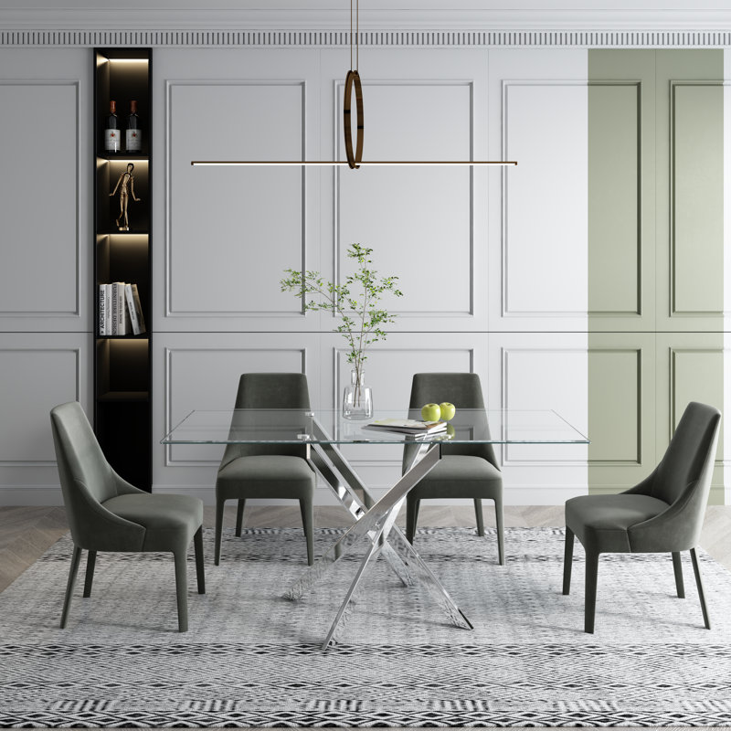 Ayva 63" Glass Dinning Table with Metal Base for 6 to 8 People, Silver