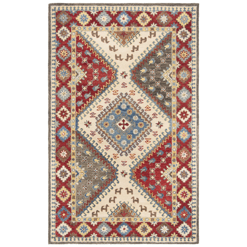 Armintha Southwestern Hand-Tufted Wool/Cotton Red/Ivory/Blue Area Rug, Rectangle 5' x 8'