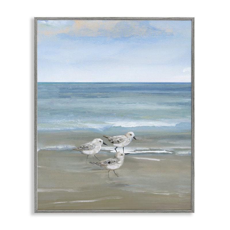 Trois oiseaux de rivage et des vagues douces, estampe numérique, design par Nan, Giclée de ferme grise encadrée