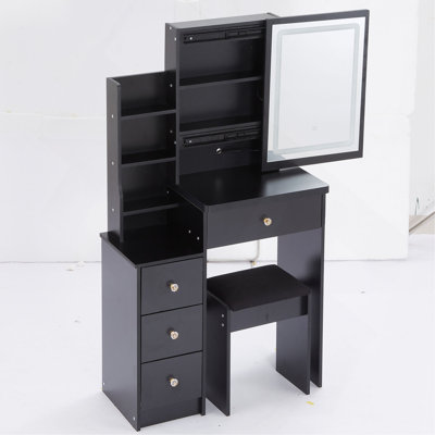 Petite coiffeuse de 29,2 po avec tabouret de chevet gauche + grand tabouret rembourré, commande tactile, interrupteur tricolore, miroir à luminosité réglable, rangement à grande capacité, convient aux petits espaces
