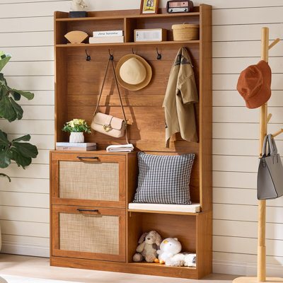 Porte-manteau bohème de 198 cm de haut avec banc et rangement à chaussures, porte-manteau d'entrée en rotin avec 2 tiroirs rabattables, siège rembourré, 6 crochets et armoire de rangement pour vestibule ou couloir.