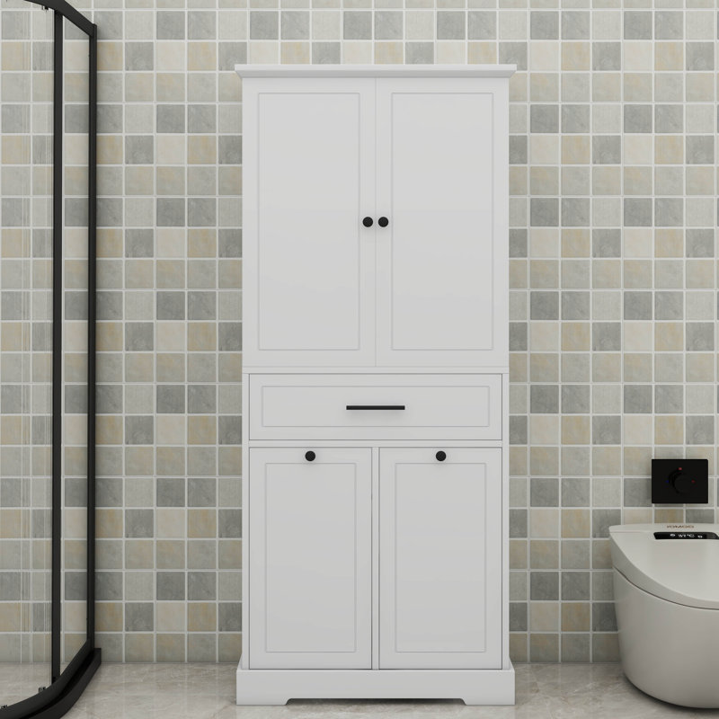 Unité de rangement de salle de bain autoportante comprenant des portes, des tiroirs, un panier à linge coulissant et une tablette réglable