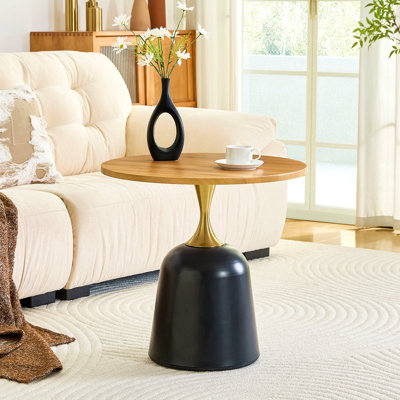 Table basse de 23,6 pouces avec table d'appoint circulaire, table de salon à base en métal, décoration moderne simple grain de bois, bureau de tête de lit canapé unique.