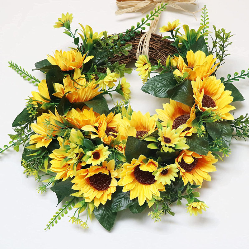 Couronne de tournesol artificielle 15 po pour votre porte d'entrée Ansuma