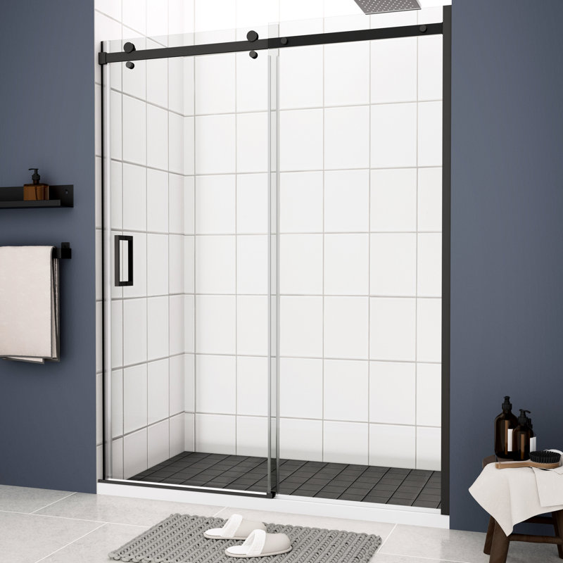 Porte de douche de salle de bain coulissante trempée 5/16 po - noir mat, système de verre lisse et silencieux