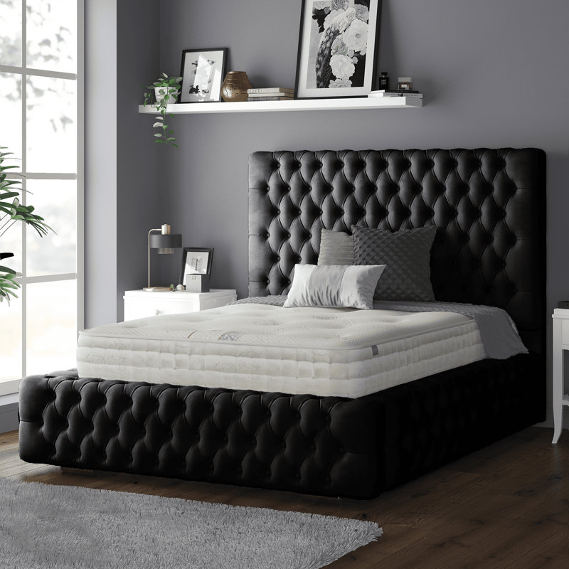 Clovis Upholstered Bed, Kingsize (5'), Black, Plush Velvet