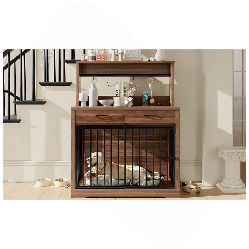 Meuble pour cage 38 po, table cage robuste avec 2 tiroirs de rangement et tablettes, table d'appoint latérale avec porte coulissante pour chien à l'intérieur, brun