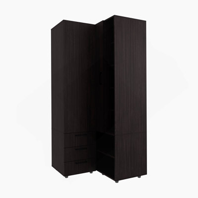 Armoire fonctionnelle en wengé avec rangement ouvert et deux tiroirs pour une organisation efficace des objets et de la décoration quotidiens