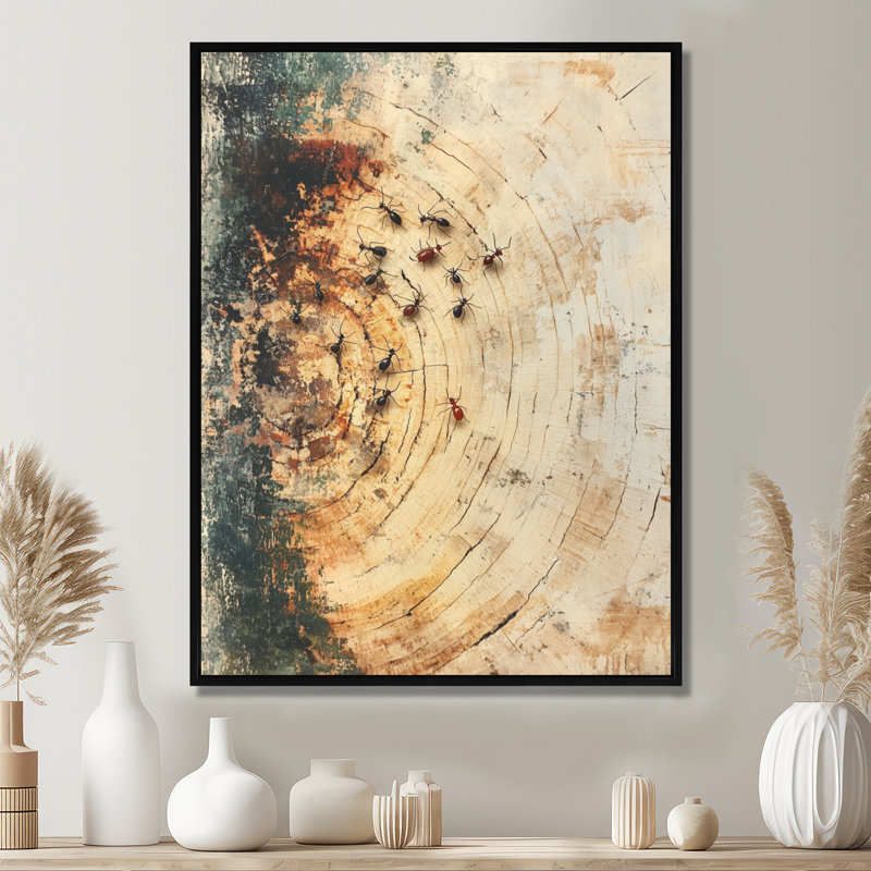 Art sur toile, groupe de fourmis Gervydas travaillant sur leur fourmilière IV, Noir, Reproduction avec cadre flottant