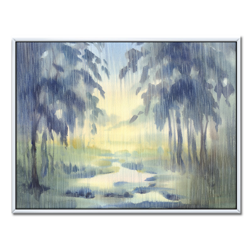 «RaIn Falling Down in Green Lit Forest I», reproduction d'art sur toile, H 24 po x l 32 po x P 1 po, Toile avec cadre blanc
