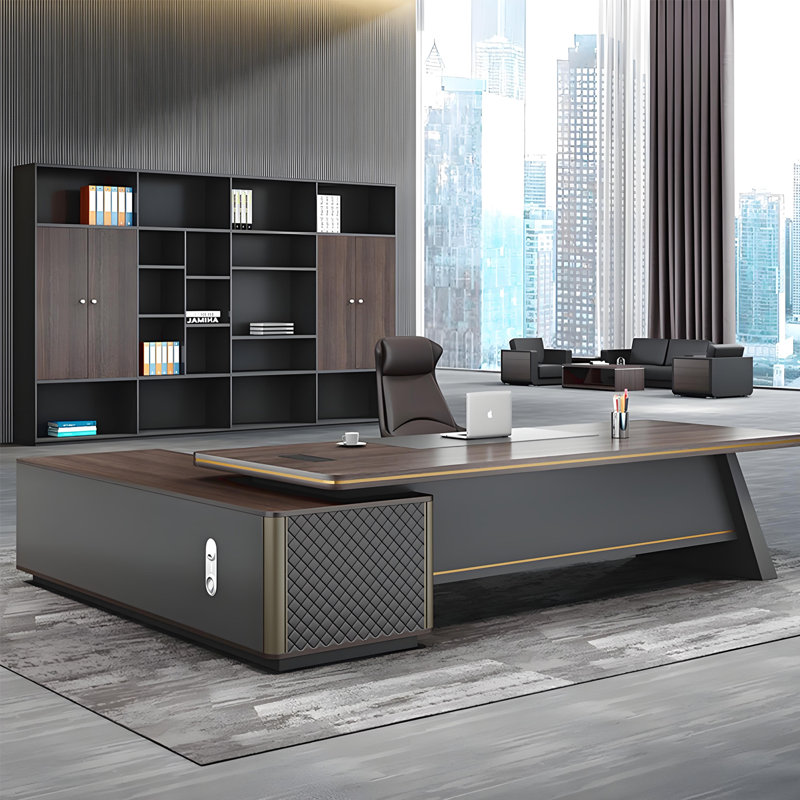 Bureau de direction en L 62,99 po brun et gris avec armoire latérale et serrure à combinaison