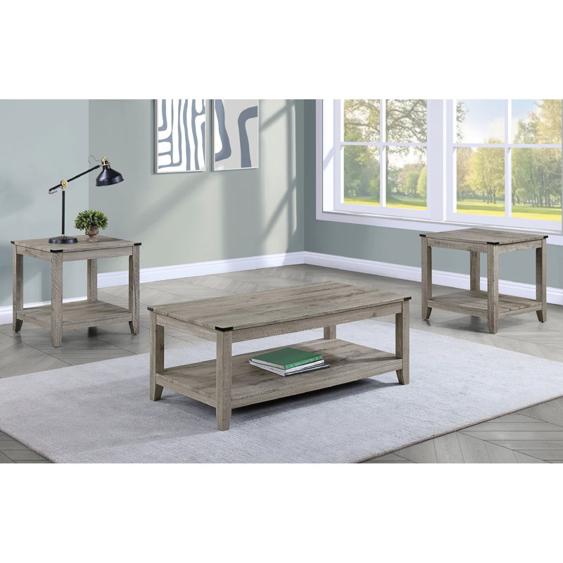 Table de salon de style rustique: table basse rectangulaire grise et 2 tables de bout carrées