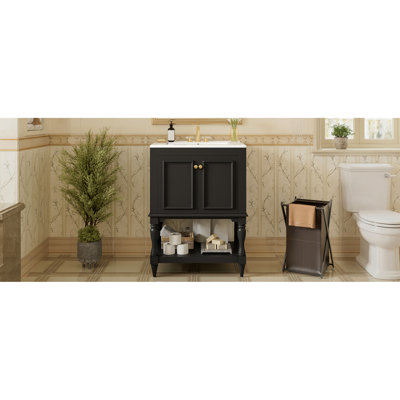 Meuble-lavabo de 24 pouces avec lavabo en céramique ultrabrillant, ornementation élégante pour armoire, tablette ouverte pour les serviettes, pieds à compartiments fermés de style rétro, rangement double pour une utilisation quotidienne et intimité