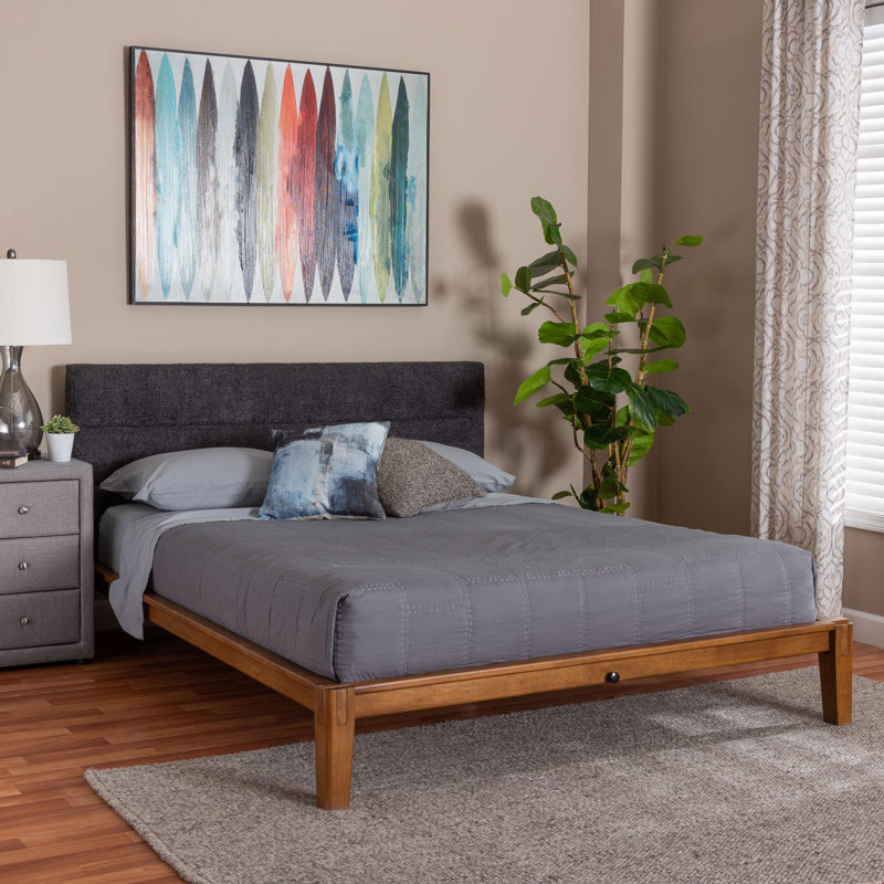 Baxton Studio Mariette Japandi Dark Grey Teddy Fabric And Walnut Brown Wood Queen Bed
