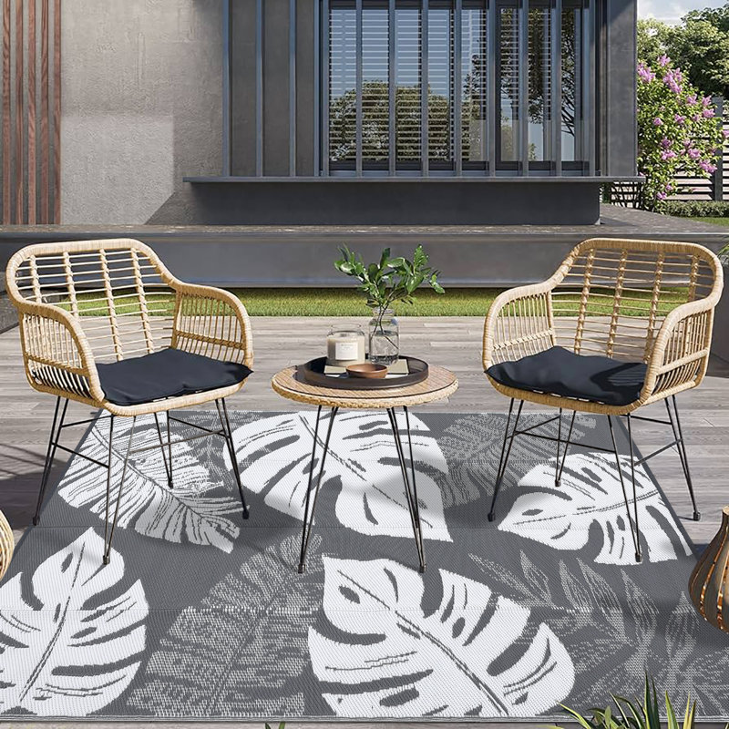 Outdoor Rug Large Plastic Straw Rug, Waterproof Woven Patio Rug, UV-Resistant Reversible Mat, Tropical Leaf Outside Carpet for Backyard, RV