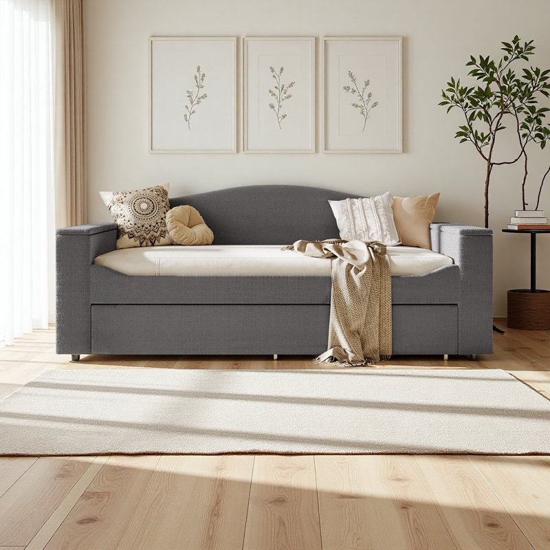 Twin Size Upholstered Daybed With Storage Armrests, Trundle And Latest Integrated Bluetooth Audio System, Teddy Fleece, Gray