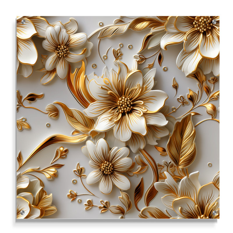 Or blanc et fleurs bleues élégantes - Art mural acrylique floral, H 36 po x l 36 po