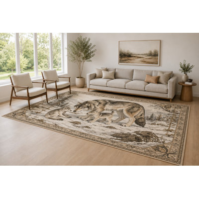 Grand tapis décoratif de la famille loup taupe et crème de 6 pi 7 po x 9 pi 10 po pour le salon, tapis doux à poils courts avec envers en silicone antidérapant, décor pour la chambre à coucher et le bureau personnel