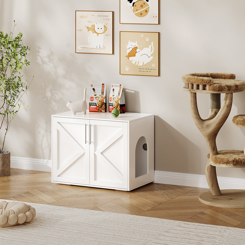 Cat Litter Box Enclosure, Hidden Cat Litter Box Furniture With With 2 Doors And Pads, White