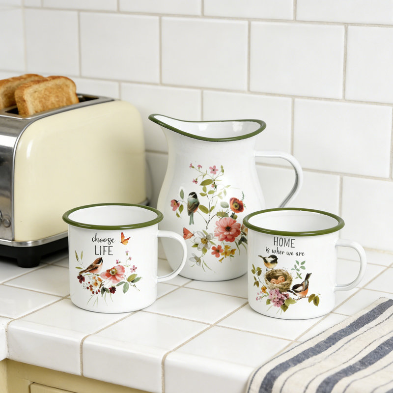 Enamelware Coffee Mug Set with Pitcher, Farmhouse Kitchen Drinkware, Farmhouse Serving Set for Outdoor, 3-Piece (2 Mugs + 1 Pitcher)