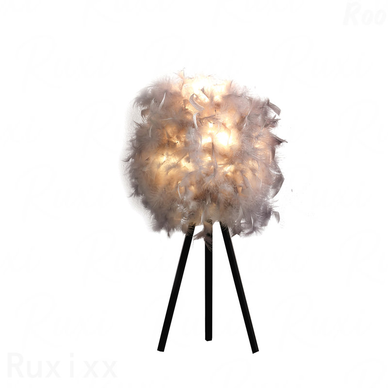 Lampe de table - abat-jour en plumes, trépied moderne, structure en métal, Gris