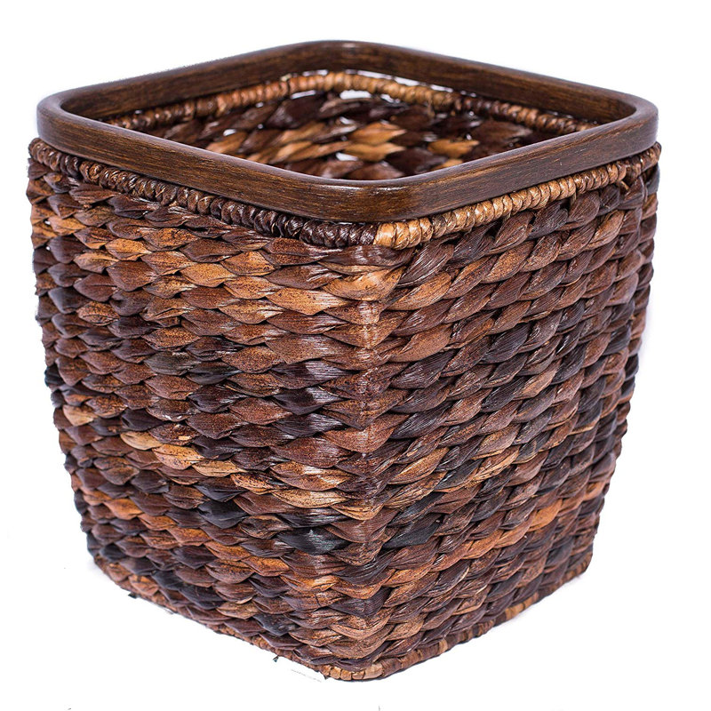 Espresso Seagrass Woven Office Wastebasket with Wooden Base