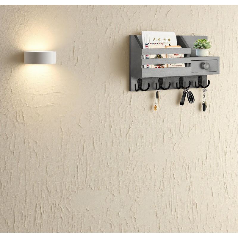 Porte-clés mural avec organisateur de courrier, tablette en bois, 8 crochets et tiroir, options d'installation double, Gris