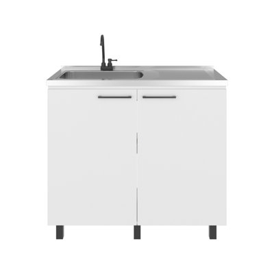 Utility Sink With Faucet, Freestanding Structure And Deep Stainless Steel Basin, White For Kitchen Room - Large Interior Shelf Organizing Essentials Modern Base Ideal Laundry, Garage Ample Space