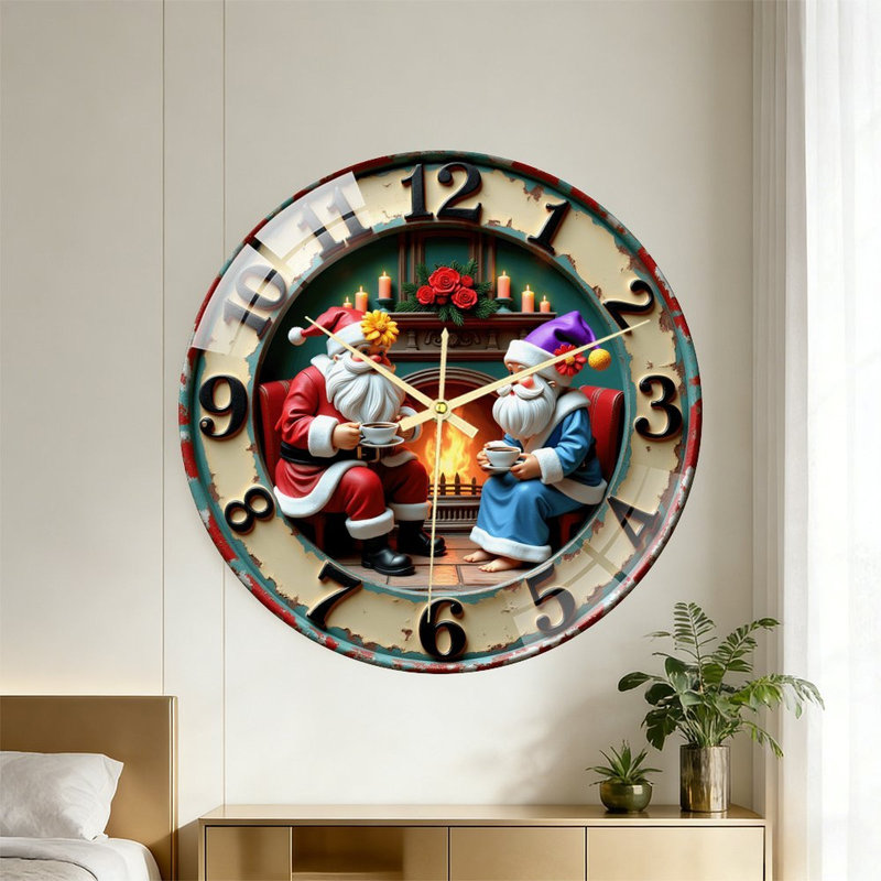 Horloge murale en verre 16 po Santa and Elf