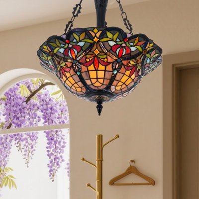 Vintage Tiffany-style 3-light Stained Glass Pendant Chandelier – Colorful Ceiling Light With E26 Sockets For Dining Room Or Foyer