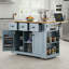 Grand chariot d'îlot de cuisine mobile, gris-bleu, avec table pliante, prise de courant, tablette latérale, support de rangement, 5 roues, ensemble de cuisine domestique deux pièces.
