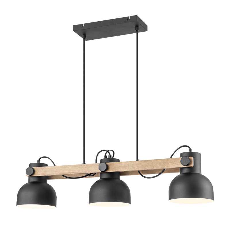 33" Farmhouse Kitchen Island Lighting, 3-Light Industrial Linear Chandelier with Adjustable Metal Dome Shades and Natural Wood Beam, Black Pendant Light for Dining Room