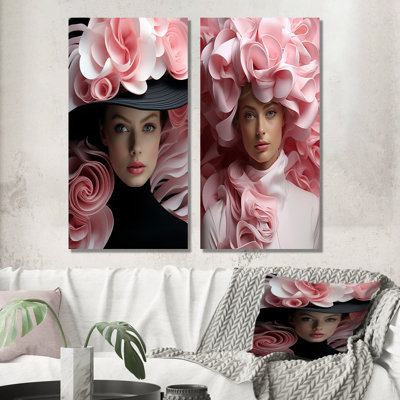 Femme chic avec chapeau floral - ensemble de 2 décorations murales tendance