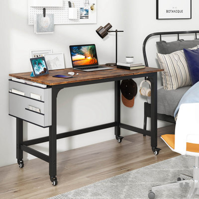 2 Pcs Rolling Computer Desk Metal Frame Pc Laptop Table Wood Top Study Workstation